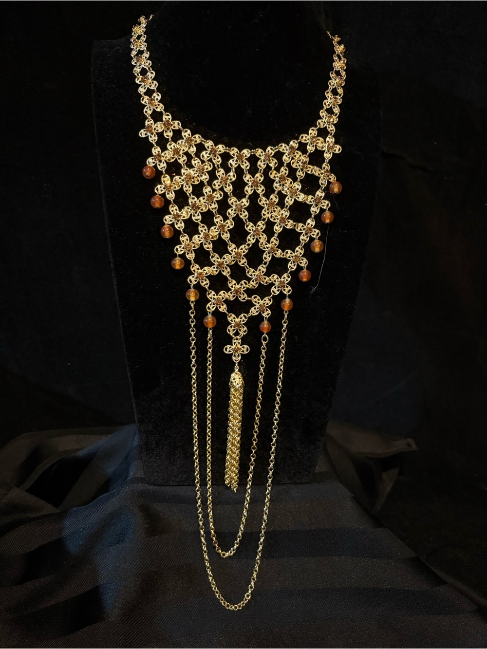 Gold Tone Filigree Tassel Statement Necklace with Amber Beads